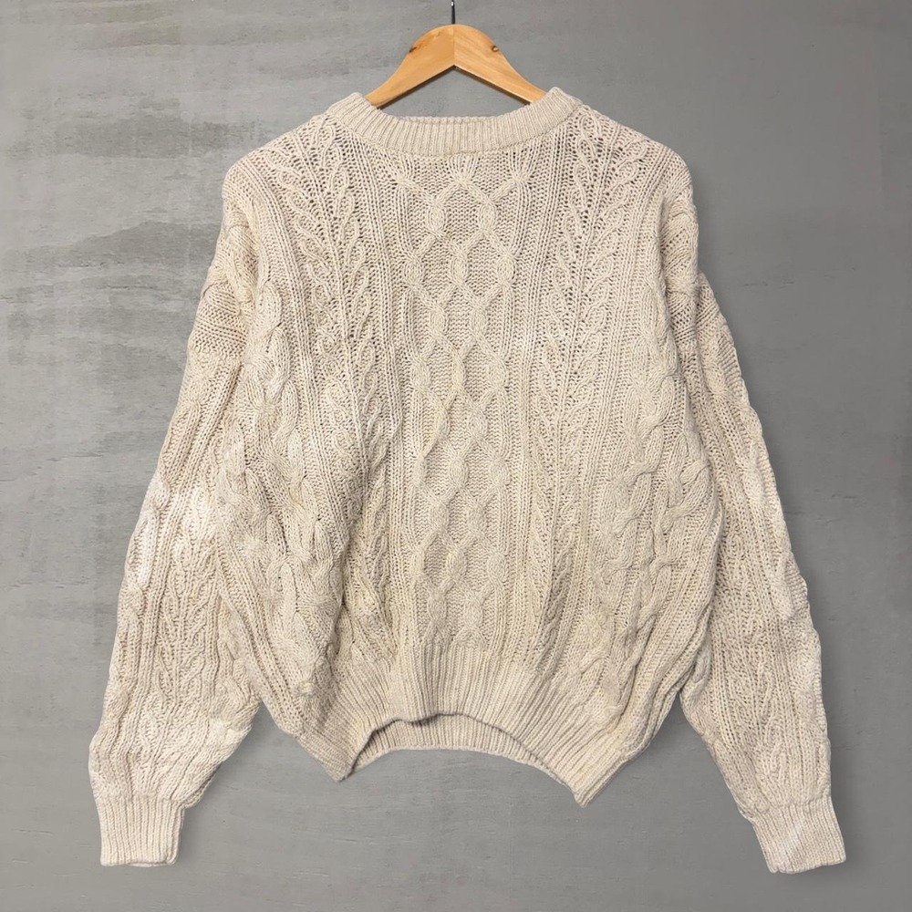 Structure Cable Knit Sweater Cream Off-White Fisherman Chunky Ramie Cotton Small